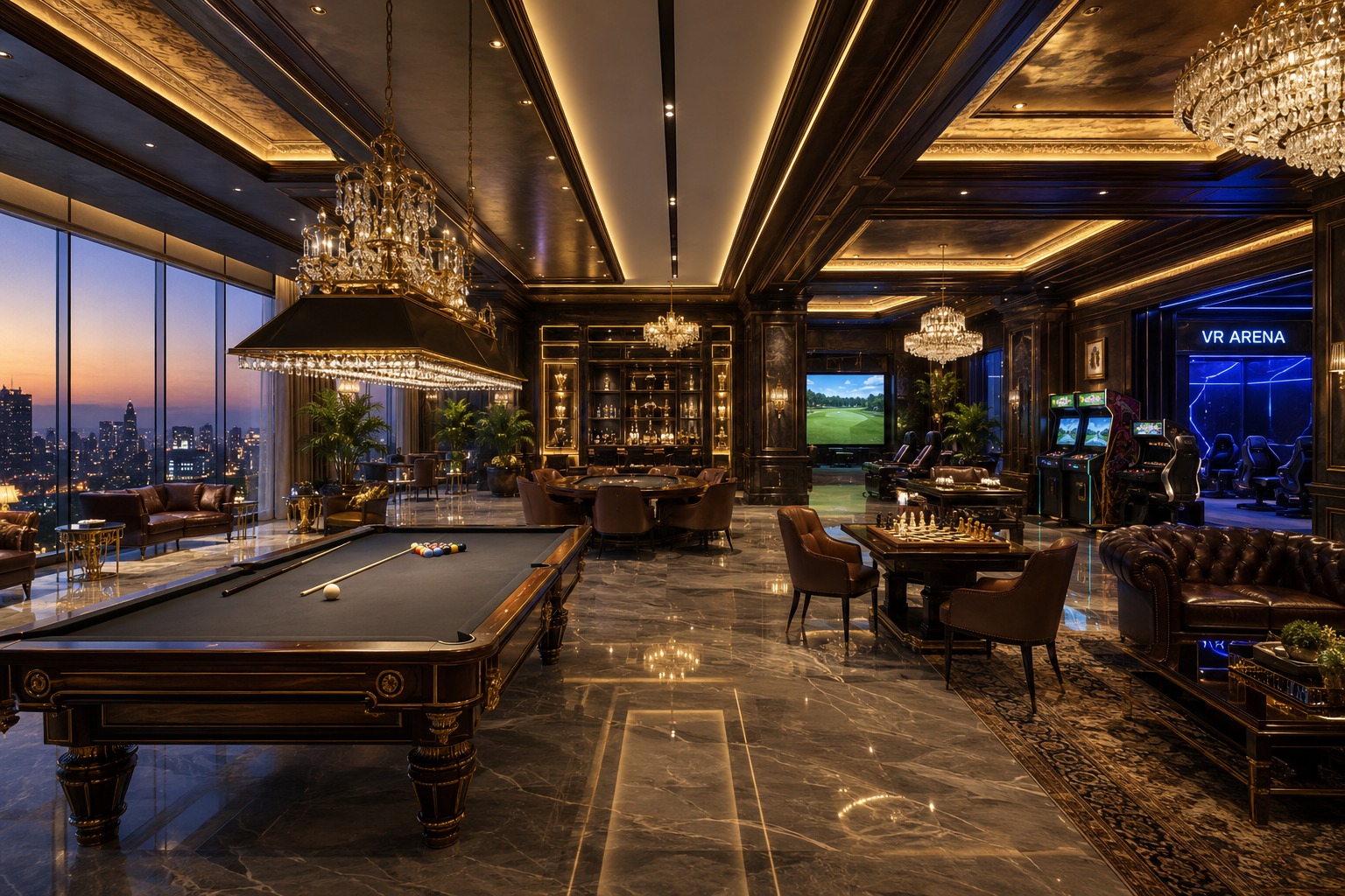 Games room with billiards, VR arena and arcade