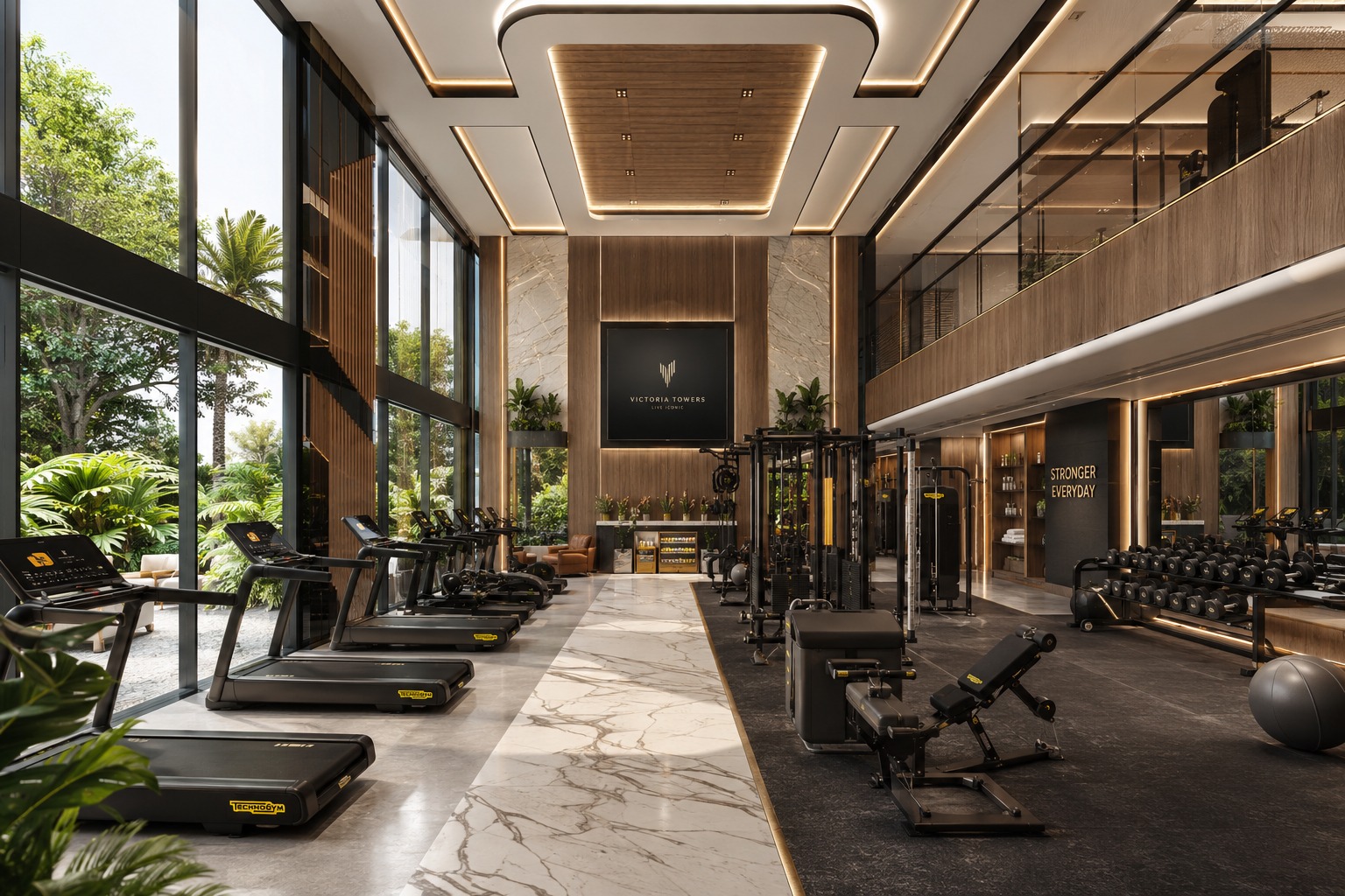 Double-height fitness studio with premium equipment