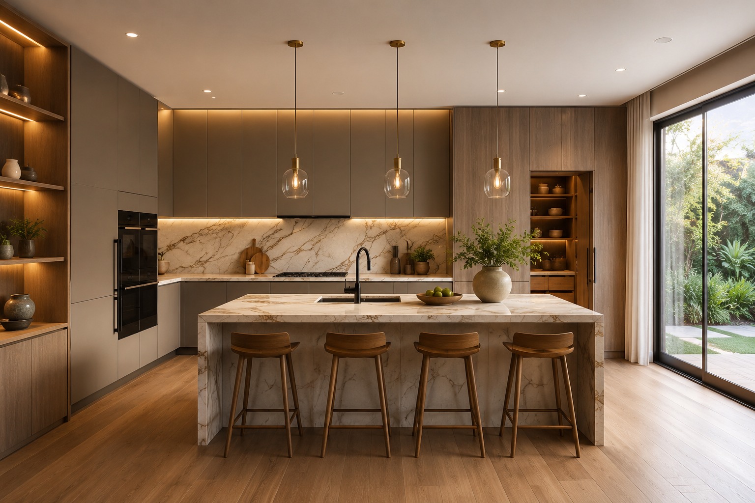 Designer kitchen with marble island and wood finishes