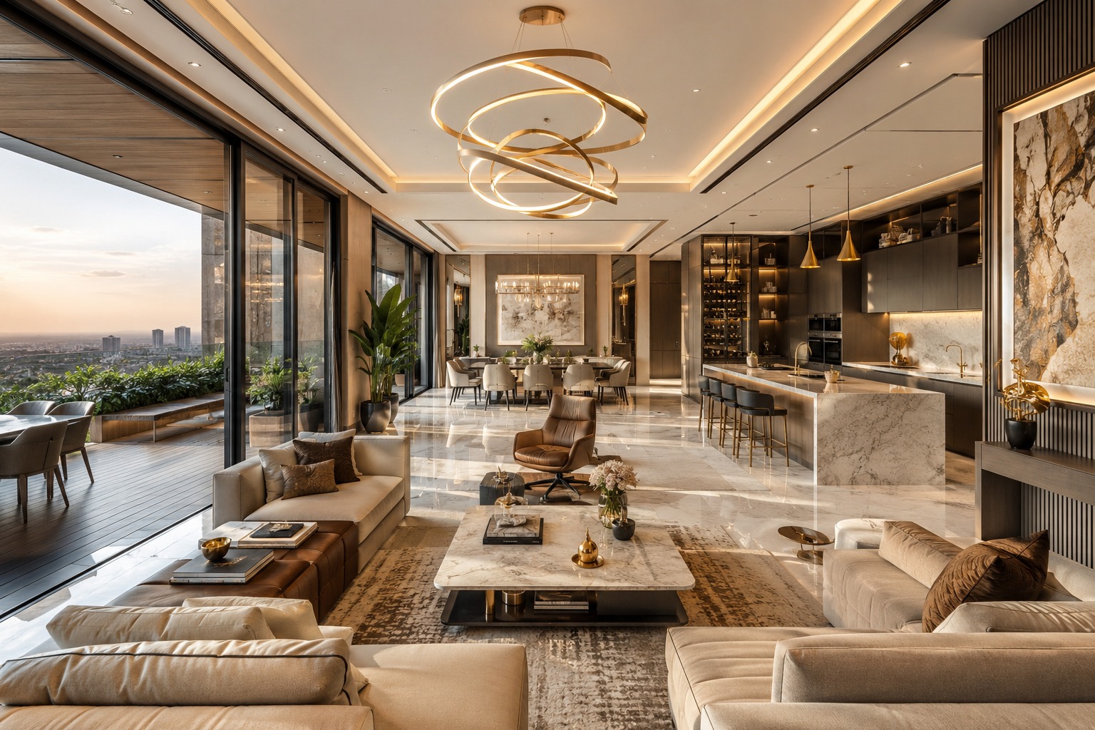 Penthouse living room with open kitchen and city view