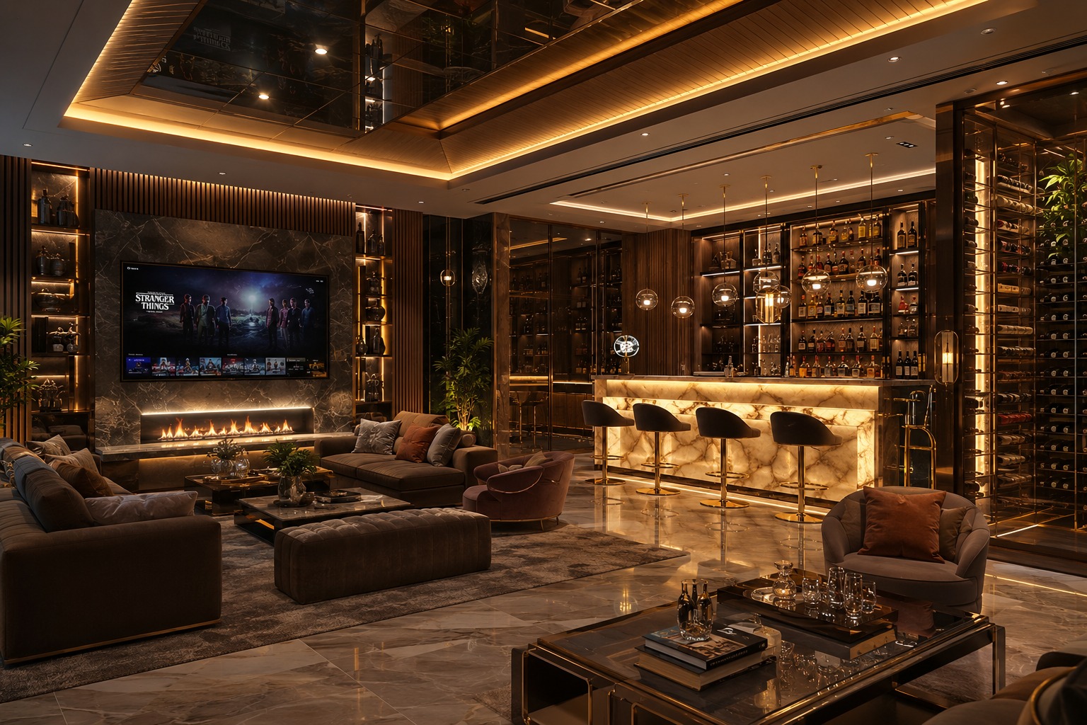 Private entertainment lounge with home theatre and bar