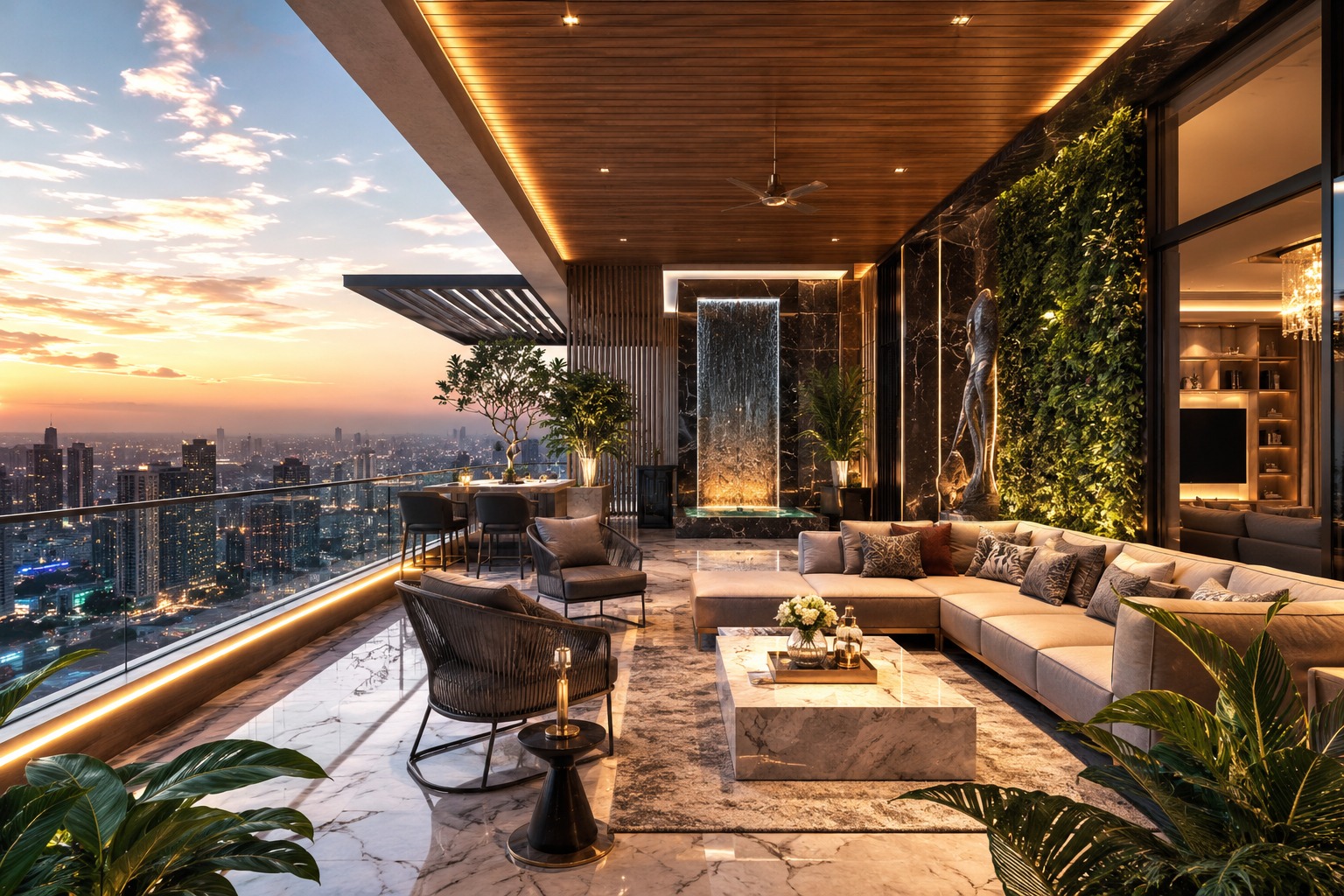 Sky terrace lounge with city skyline view at sunset